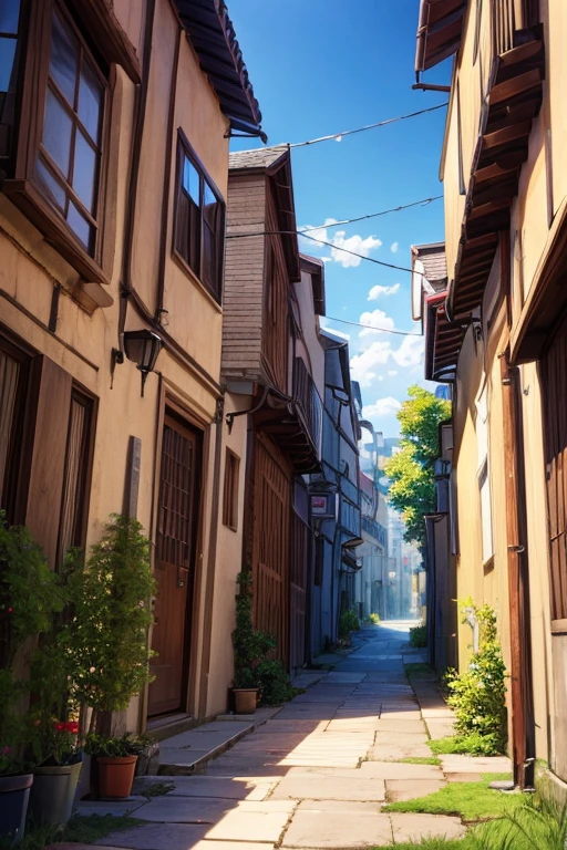 (best quality,4k,8k,highres,masterpiece:1.2),ultra-detailed,(realistic,photorealistic,photo-realistic:1.37),narrow alleyway,anime scene with a man walking,girl in a beautiful anime scene,medieval city streets in the background,anime screenshot from 2012,scenic view inspired by Attack on Titan,peaceful anime landscape,forest city streets in the background,anime background art,some houses in the background