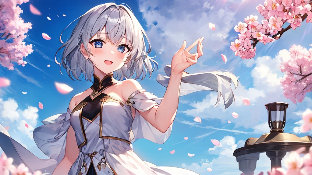 super high quality, with a girl, 20-year-old, very short hair, long bangs between the eyes, gray eyes , blue sky, sunlight, very detailed,(masterpiece、highest quality)、alone、gray hair、laughter、fantasy, silver hair, black eye, beautiful eyes,, , charm, be smitten with audience, fantasyな風景、Princess、white clothes、have、cherry blossoms