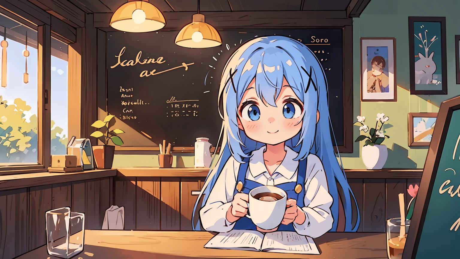 A girl (Kafuu Chino) with beautiful detailed eyes and an adorable smile is skillfully making a cappuccino in a cozy coffee shop. The soft lighting enhances the warm and inviting atmosphere, while pastel colors create a calming and soothing ambiance. The artwork embraces an anime style, with vibrant colors that bring the scene to life. The overall impression is one of high quality and attention to detail, with every element meticulously rendered. The image captures a dreamy atmosphere, inviting the viewer to immerse themselves in the world of the coffee shop and savor the moment.