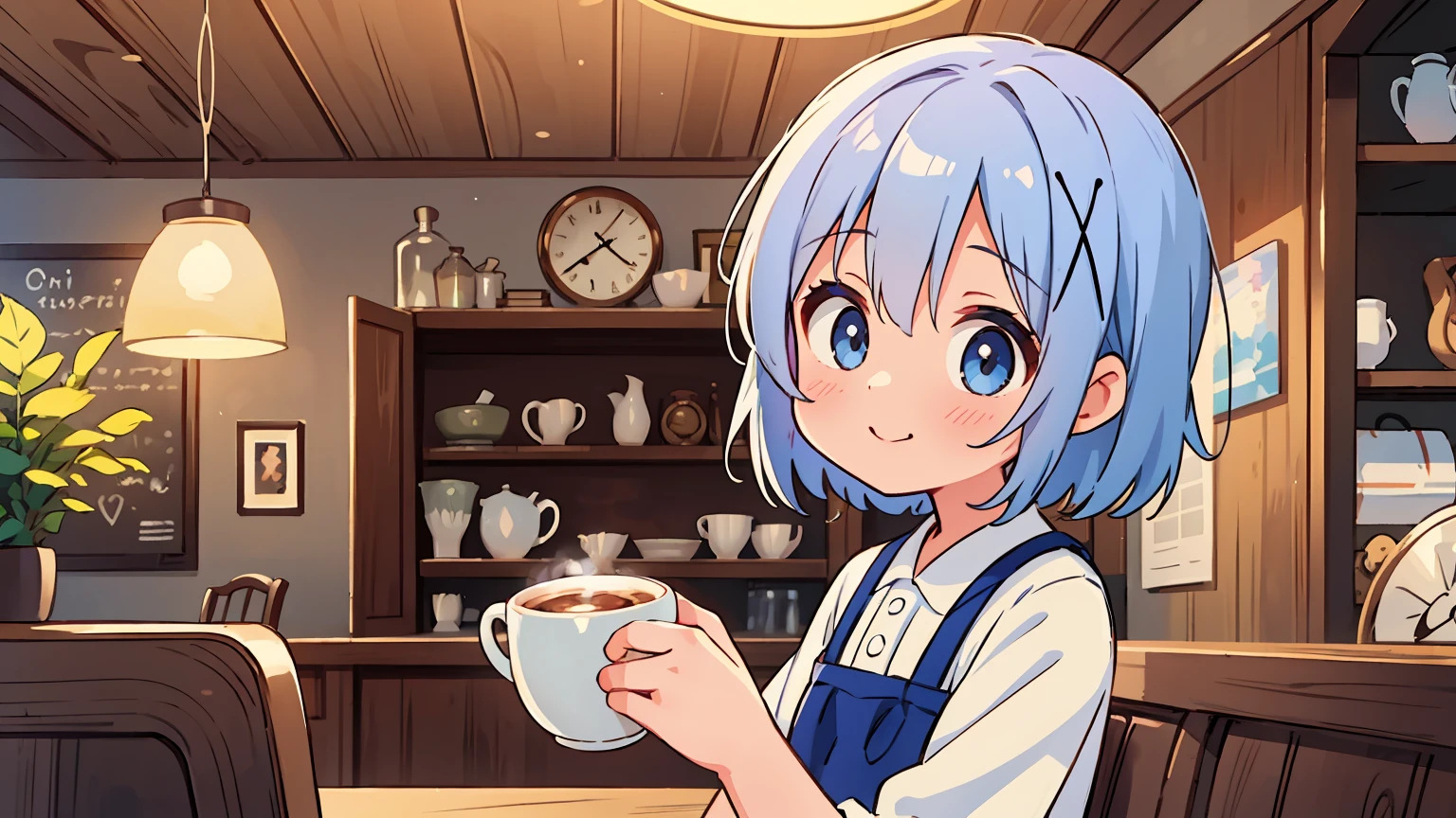 A girl (Kafuu Chino) with beautiful detailed eyes and an adorable smile is skillfully making a cappuccino in a cozy coffee shop. The soft lighting enhances the warm and inviting atmosphere, while pastel colors create a calming and soothing ambiance. The artwork embraces an anime style, with vibrant colors that bring the scene to life. The overall impression is one of high quality and attention to detail, with every element meticulously rendered. The image captures a dreamy atmosphere, inviting the viewer to immerse themselves in the world of the coffee shop and savor the moment.