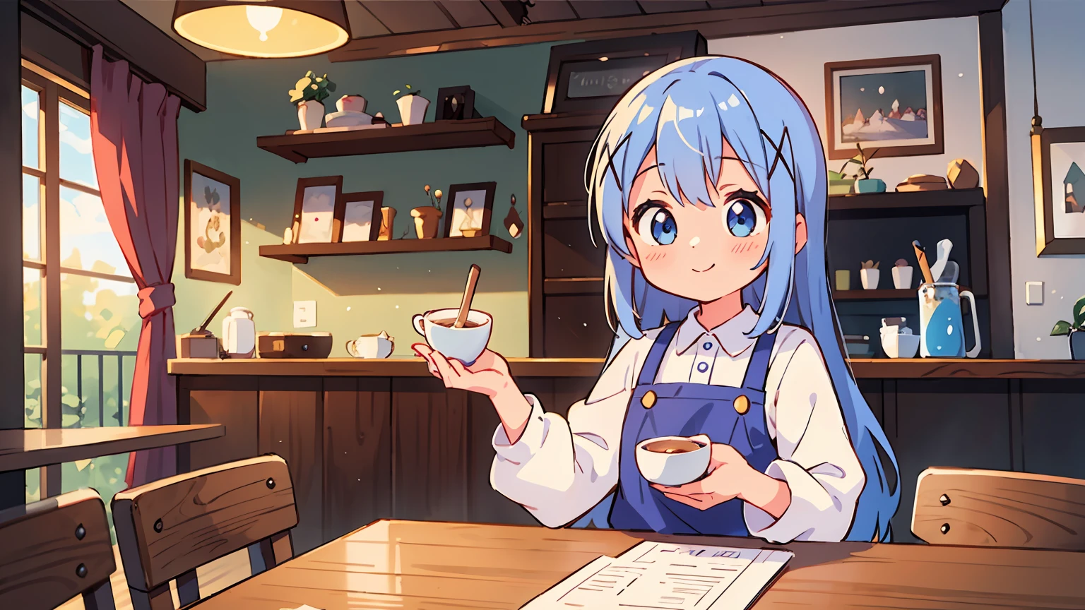 A girl (Kafuu Chino) with beautiful detailed eyes and an adorable smile is skillfully making a cappuccino in a cozy coffee shop. The soft lighting enhances the warm and inviting atmosphere, while pastel colors create a calming and soothing ambiance. The artwork embraces an anime style, with vibrant colors that bring the scene to life. The overall impression is one of high quality and attention to detail, with every element meticulously rendered. The image captures a dreamy atmosphere, inviting the viewer to immerse themselves in the world of the coffee shop and savor the moment.