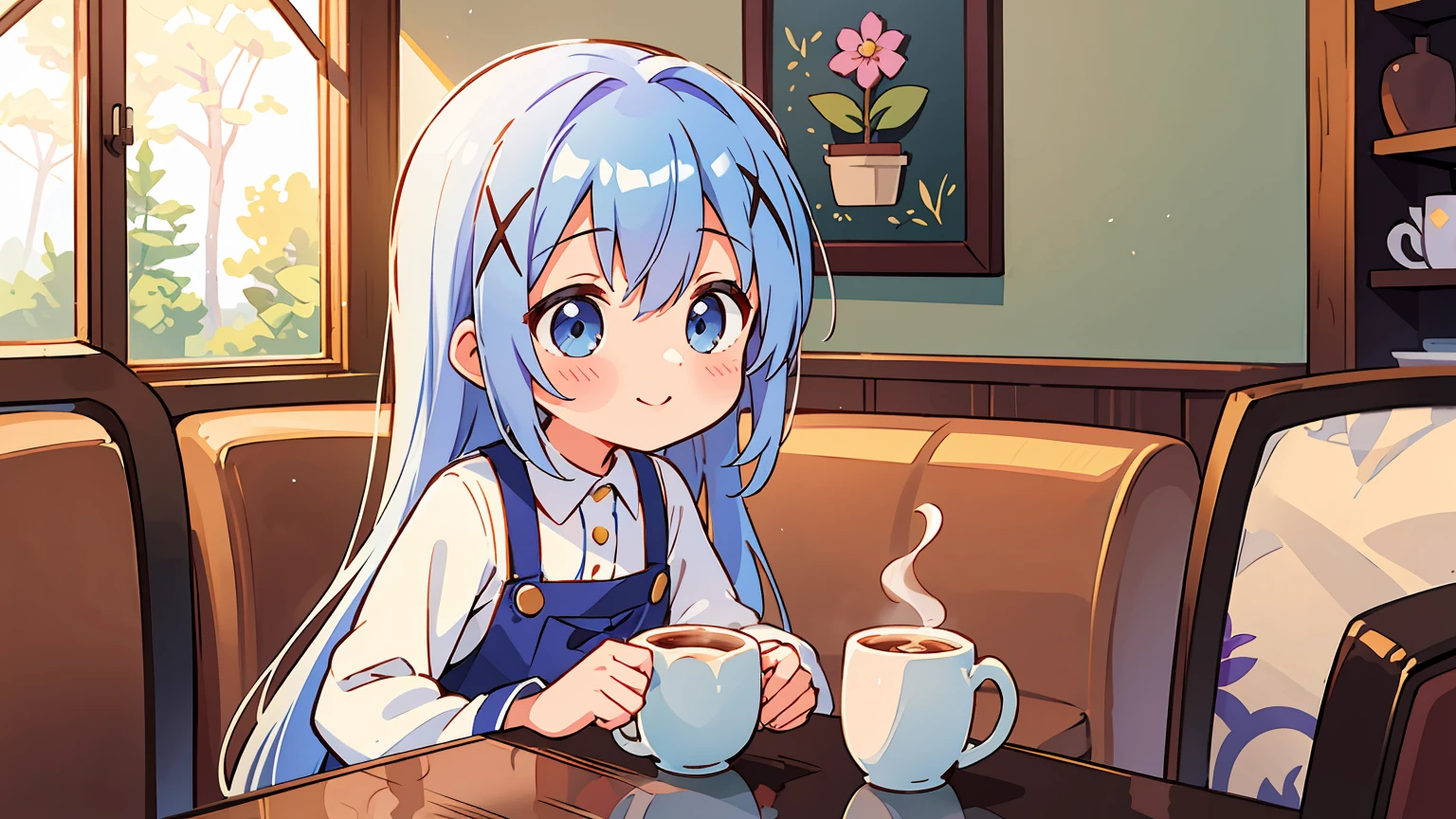 A girl (Kafuu Chino) with beautiful detailed eyes and an adorable smile is skillfully making a cappuccino in a cozy coffee shop. The soft lighting enhances the warm and inviting atmosphere, while pastel colors create a calming and soothing ambiance. The artwork embraces an anime style, with vibrant colors that bring the scene to life. The overall impression is one of high quality and attention to detail, with every element meticulously rendered. The image captures a dreamy atmosphere, inviting the viewer to immerse themselves in the world of the coffee shop and savor the moment.