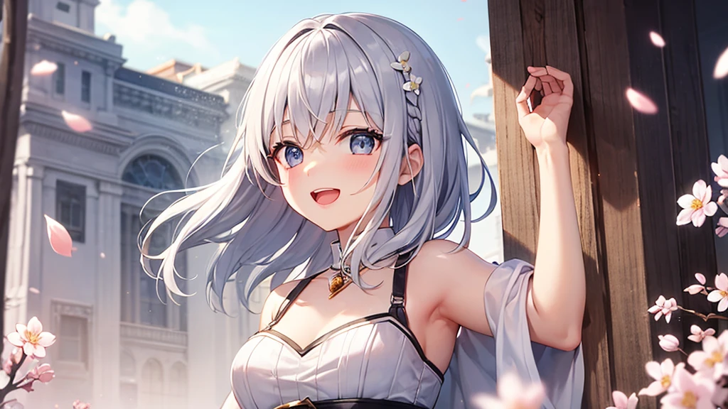 super high quality, with a girl, 20-year-old, very short hair, long bangs between the eyes, gray eyes , blue sky, sunlight, very detailed,(masterpiece、highest quality)、alone、gray hair、laughter、fantasy, silver hair, black eye, beautiful eyes,, ecstasy, charm, be smitten with audience, fantasyな風景、Princess、white clothes、cherry blossoms