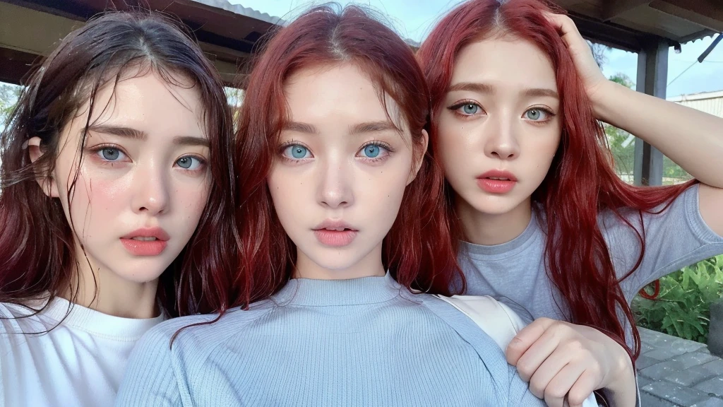 3 Beautiful handsome woman, ((top quality, 8k, masterpiece:1.retty woman, 1woman, huge breasts:1.3, slender figure:1.1, elastic red long hair, (shower, wet body, wet clothes:1.1), very detailed face, detailed lips, detailed eyes, double eyelids, detailed blue eyes, extremely detailed outstanding blue eyes, red wet hair, red wet hair, detailed outstanding BLUE EYES, innocent stare at the viewer, extremely wet wavy red hair, detailed outstanding BLUE EYES, raining outside