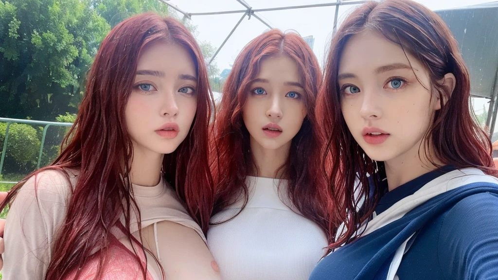 3 Beautiful handsome woman, ((top quality, 8k, masterpiece:1.retty woman, 1woman, huge breasts:1.3, slender figure:1.1, elastic red long hair, (shower, wet body, wet clothes:1.1), very detailed face, detailed lips, detailed eyes, double eyelids, detailed blue eyes, extremely detailed outstanding blue eyes, red wet hair, red wet hair, detailed outstanding BLUE EYES, innocent stare at the viewer, extremely wet wavy red hair, detailed outstanding BLUE EYES, raining outside