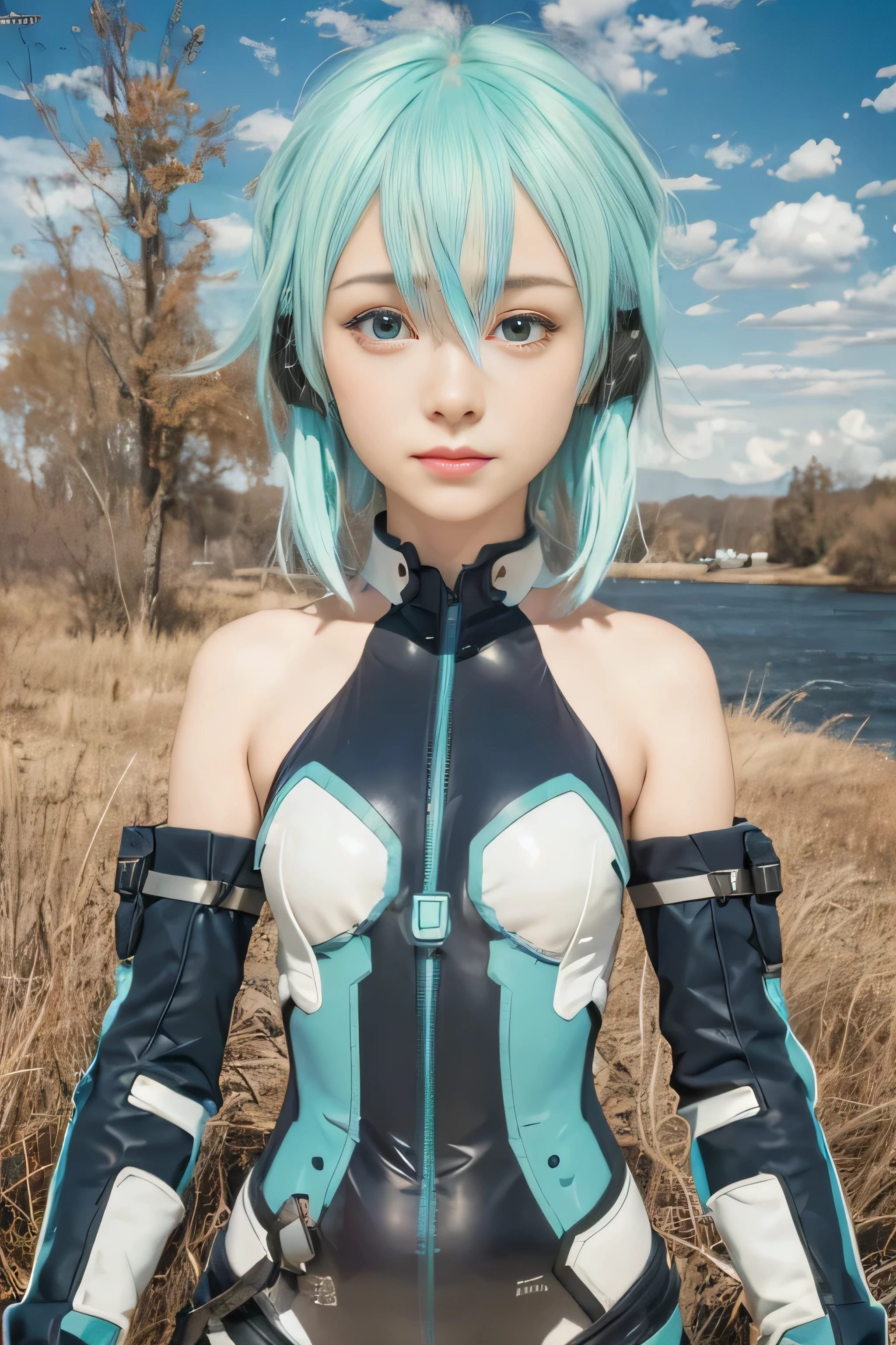 masterpiece, best quality, (realistic,photo-realistic:1.4), (RAW photo:1.2), extremely detailed CG unity 8k wallpaper, delicate and beautiful, amazing,finely detail, official art, absurdres, incredibly absurdres, huge filesize, ultra-detailed,extremely detailed eyes and face,light on face,little smile,sinon,(cyan hair:1.4),short hair,(wearing plugsuit:1.5),grass field,hair ornament