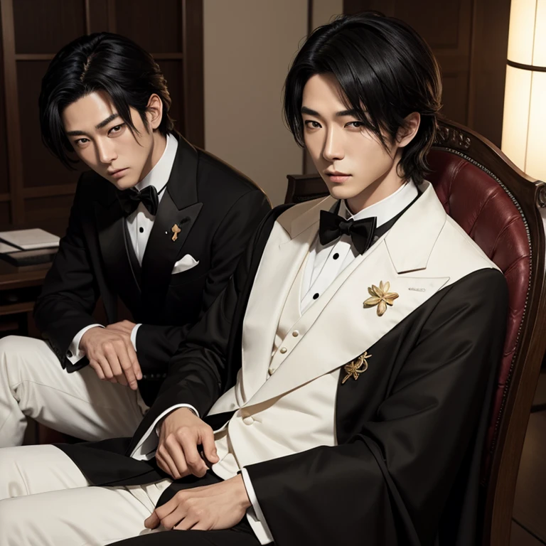 real japanese handsome、double eyelids、droopy eyes、black hair、Tuxedo、cloak、sitting in a chair