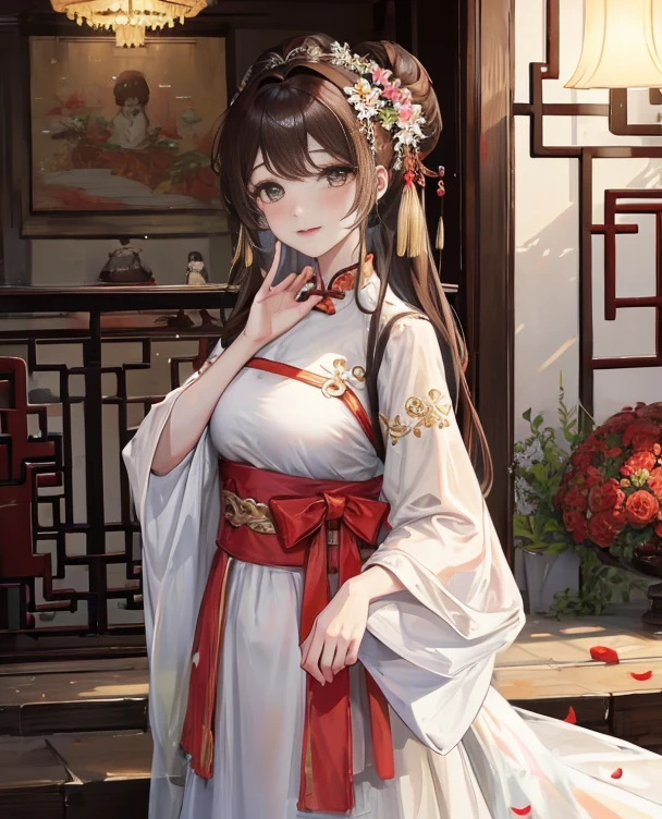 masterpiece, best quality, married woman, aldult, Chinese style, China, elder sister, Smile, hairpin,brown hair, Princess,Full of motherhood,China传统服饰,purely,blush,Dignified yet lively,Mother,put your hands on your belly,thin lips,Mature,Three trimesters of pregnancy,Beautifully