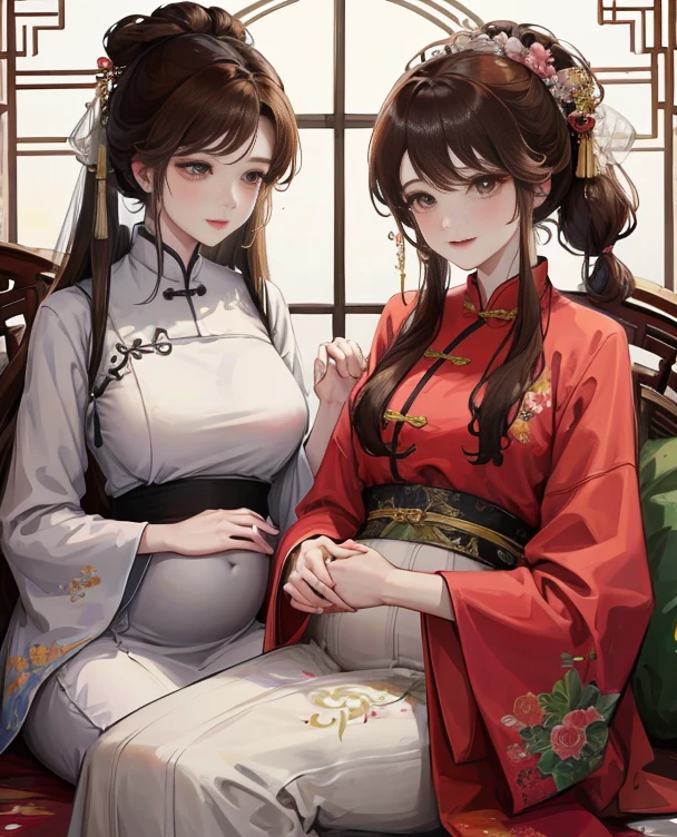 masterpiece, best quality, married woman, aldult, Chinese style, China, elder sister, Smile, hairpin,brown hair, Princess,Full of motherhood,China传统服饰,purely,blush,Dignified yet lively,Mother,put your hands on your belly,thin lips,Mature,Three trimesters of pregnancy,Beautifully