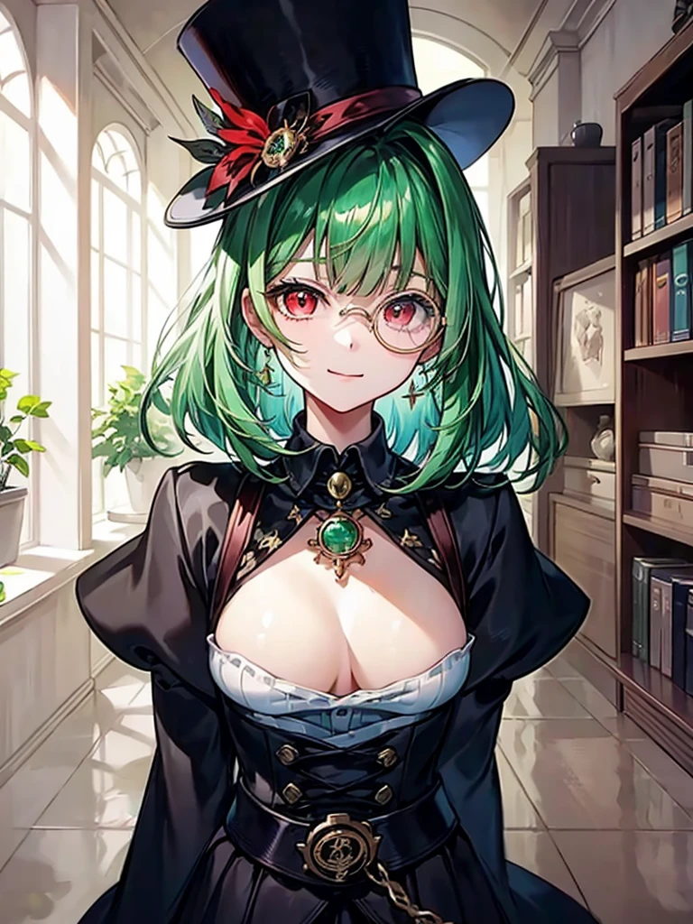 (((masterpiece、Highest image quality、highest quality、highly detailed unity 8kwallpaper)))、((Illustration of one girl、upper body))、(((beautiful girl)))、(librarian)、(Emerald green hair、messy hair、sidelocks:1.2、red eyes、crazy smile)、(((flat chest)))、(((monocle)))、pocket watch、(((Black top hat、Black tuxedo)))、great medieval library、Large amount of books