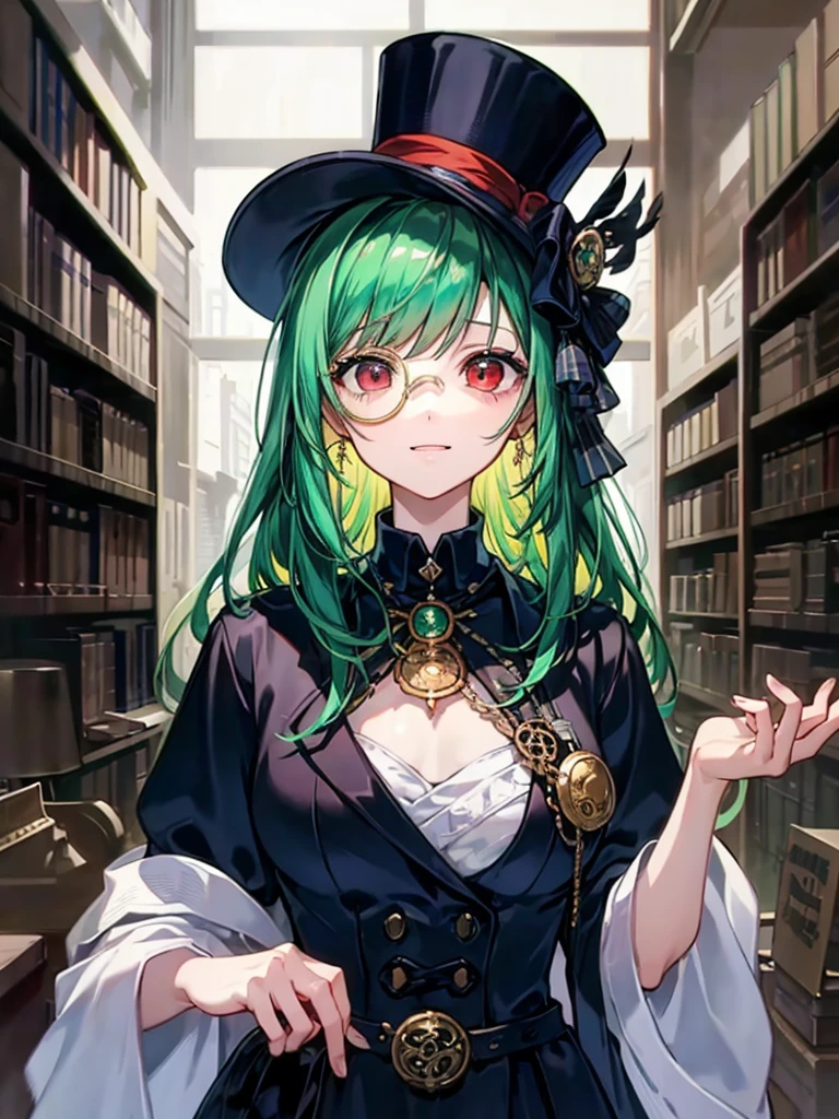 (((masterpiece、Highest image quality、highest quality、highly detailed unity 8kwallpaper)))、((Illustration of one girl、upper body))、(((beautiful girl)))、(librarian)、(Emerald green hair、messy hair、sidelocks:1.2、red eyes、crazy smile)、(((flat chest)))、(((monocle)))、pocket watch、(((Black top hat、Black tuxedo)))、great medieval library、Large amount of books