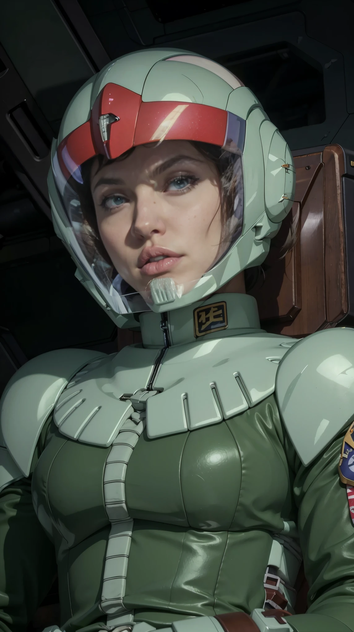 (((masterpiece,highest quality,In 8K,super detailed,High resolution,anime style,Absolutely))),Zeon female pilot sitting in the cockpit,(solo:1.5),(Angelina jolie:1.5),(((The background is the cockpit of a dark mobile suit.:1.5))),((blur background:1.5)),(Wearing a pilot suit:1.5),((Wearing a full-face helmet:1.5)),(Beautiful woman:1.5),(Detailed facial depiction:1.5),(big breasts:1.3),(wallpaper:1.5),(from below:1.5)