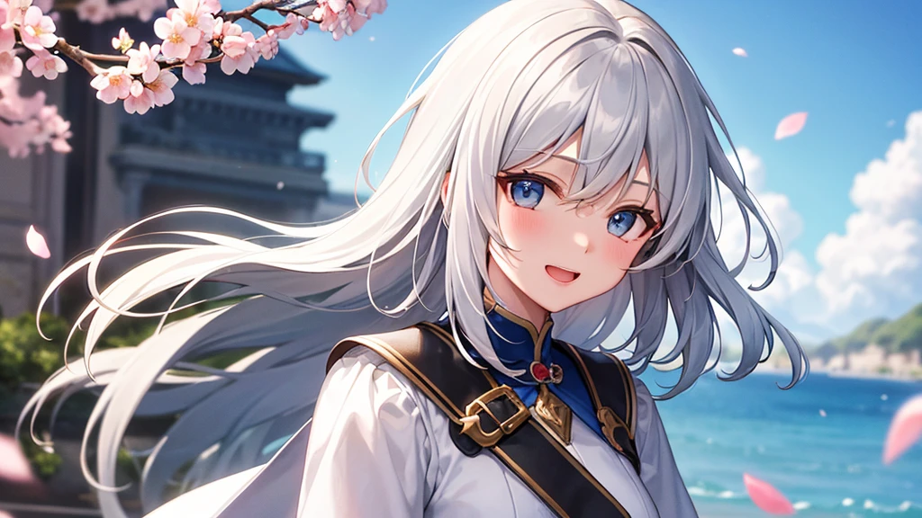 super high quality, with a girl, 20-year-old, very short hair, long bangs between the eyes, gray eyes , blue sky, sunlight, very detailed,(masterpiece、highest quality)、alone、gray hair、laughter、fantasy, silver hair, black eye, beautiful eyes,, ecstasy, charm, be smitten with audience, fantasyな風景、Princess、white clothes、cherry blossoms、seaside