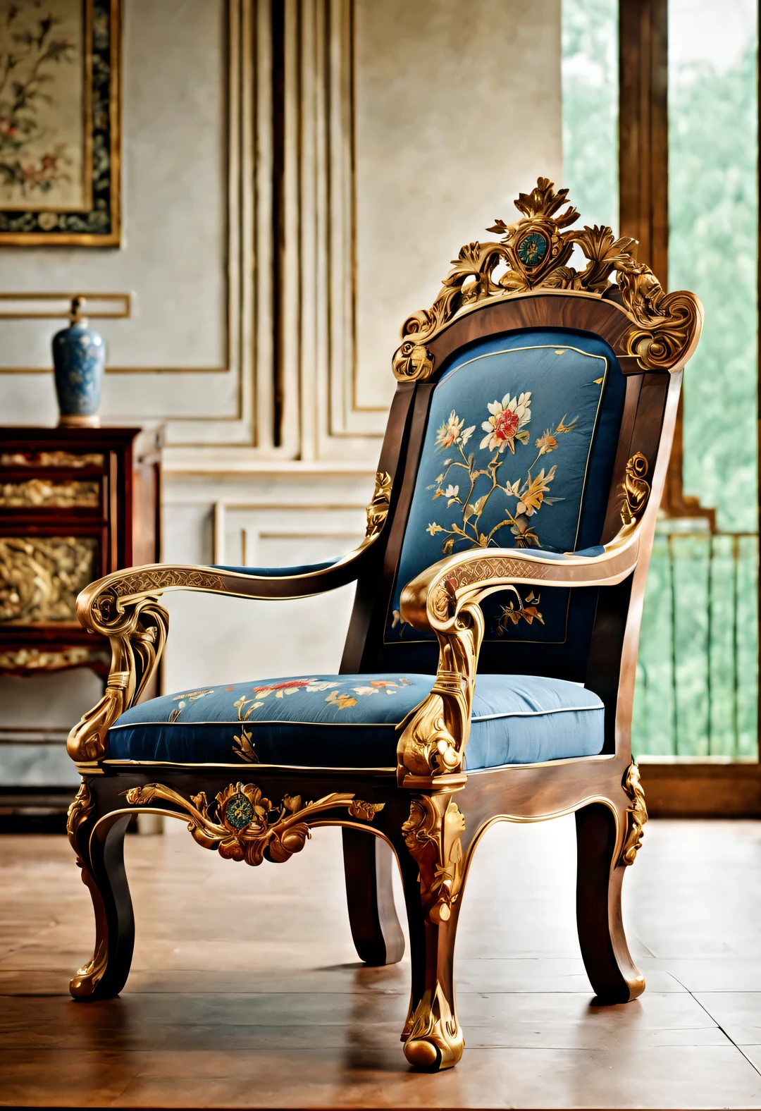 ultra high definition, masterpiece, Accurate, Super details, high detail, high quality, Award-winning, best quality, high-rise, 16k, ambientlighting, background: simple gold,

an art deco, (Close-up of the front of the chair), (Chinese cloisonné style),

The cloisonné inlaid palace chair is a traditional piece of furniture made of high-quality white rosewood. Made of copper wire enamel，The chair has exquisite patterns on its surface. These patterns are made using the cloisonné process. The seat of the chair is round, The seat plate is square,
The chair is inlaid with rubies, emeralds, lapis lazuli, black mussels, exit, pearl, Stained glass has very rich decorative techniques, dignified and gorgeous appearance, Simple and clear, Highlight the luxurious and rich visual aesthetics,