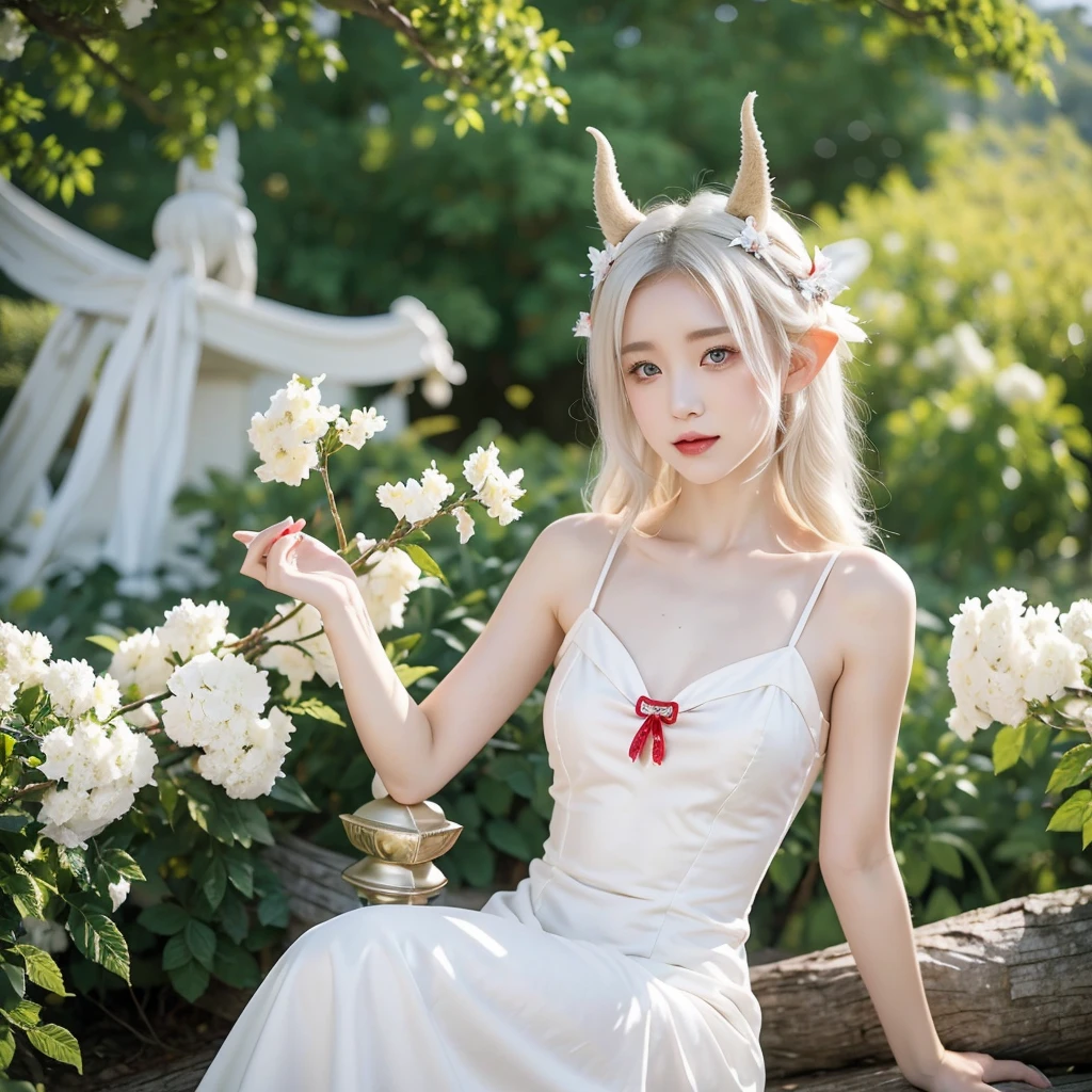 female, short white hair, but long side hair, looks like an albino, yellow eyes, has horns, white dress, several red ribbons decorate the dress, there is a bell on the neck, elf ears
