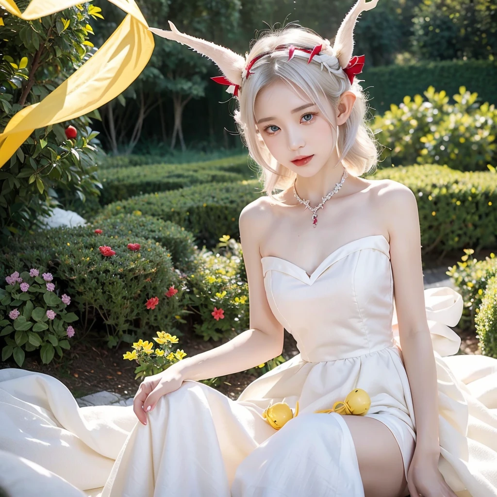 female, short white hair, but long side hair, looks like an albino, yellow eyes, has horns, white dress, several red ribbons decorate the dress, there is a bell on the neck, elf ears