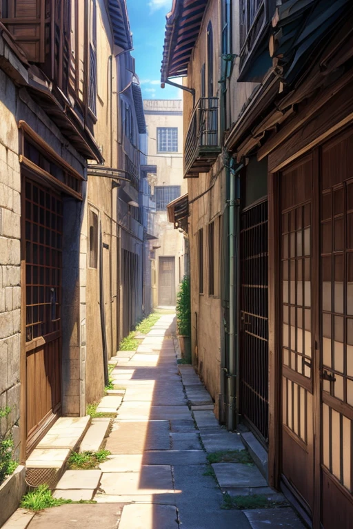 (best quality,4k,8k,highres,masterpiece:1.2), ultra-detailed, (realistic,photorealistic,photo-realistic:1.37), narrow alleyway, (door,entrance), long bench, anime scenery, Attack on Titan landscape, anime background art, ancient city street behind her, anime background, anime scenery, anime movie background, anime movie screenshot, beautiful anime scenes, random background scenes, screenshots from 2012 anime, Kurou anime screenshots, anime opening