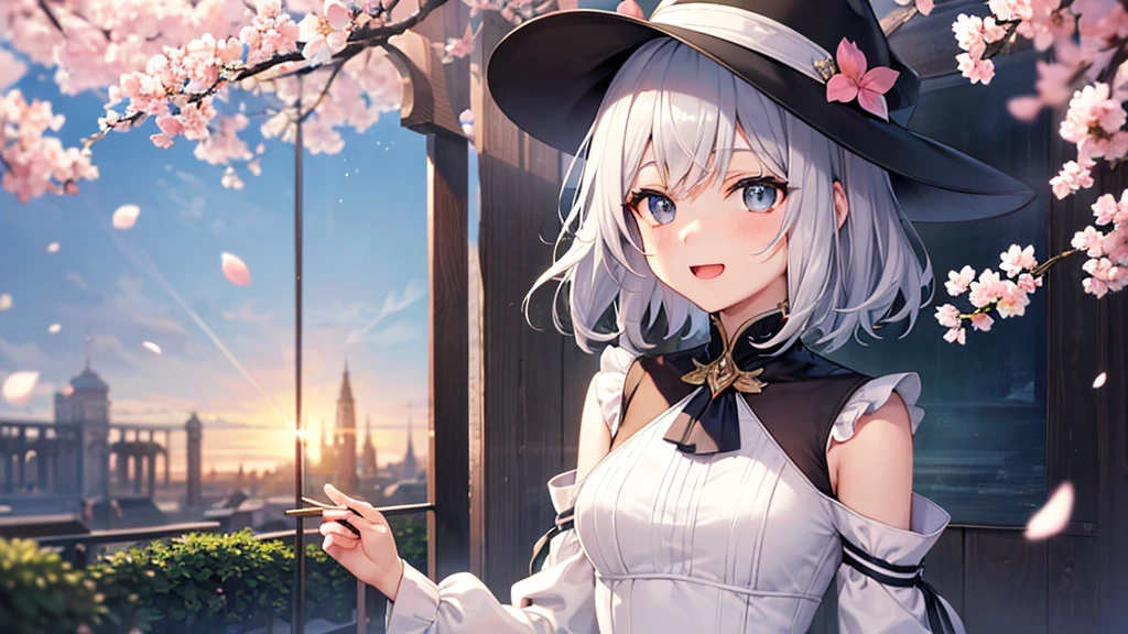 super high quality, with a girl, 20-year-old, very short hair, long bangs between the eyes, gray eyes , blue sky, sunlight, very detailed,(masterpiece、highest quality)、alone、gray hair、laughter、fantasy, silver hair, black eye, beautiful eyes,, ecstasy, charm, be smitten with audience, fantasyな風景、Princess、white clothes、cherry blossoms、wizard&#39;s hat