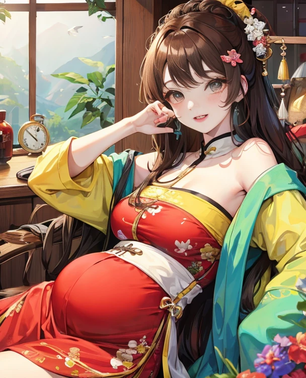 masterpiece, best quality, married woman， aldult, Chinese style, China, elder sister,  Smile, hairpin，brown hair, Princess，Full of motherhood，China传统服饰，purely，blush，Dignified yet lively，Mother，put your hands on your belly，thin lips，Mature，pregnancy，exquisite