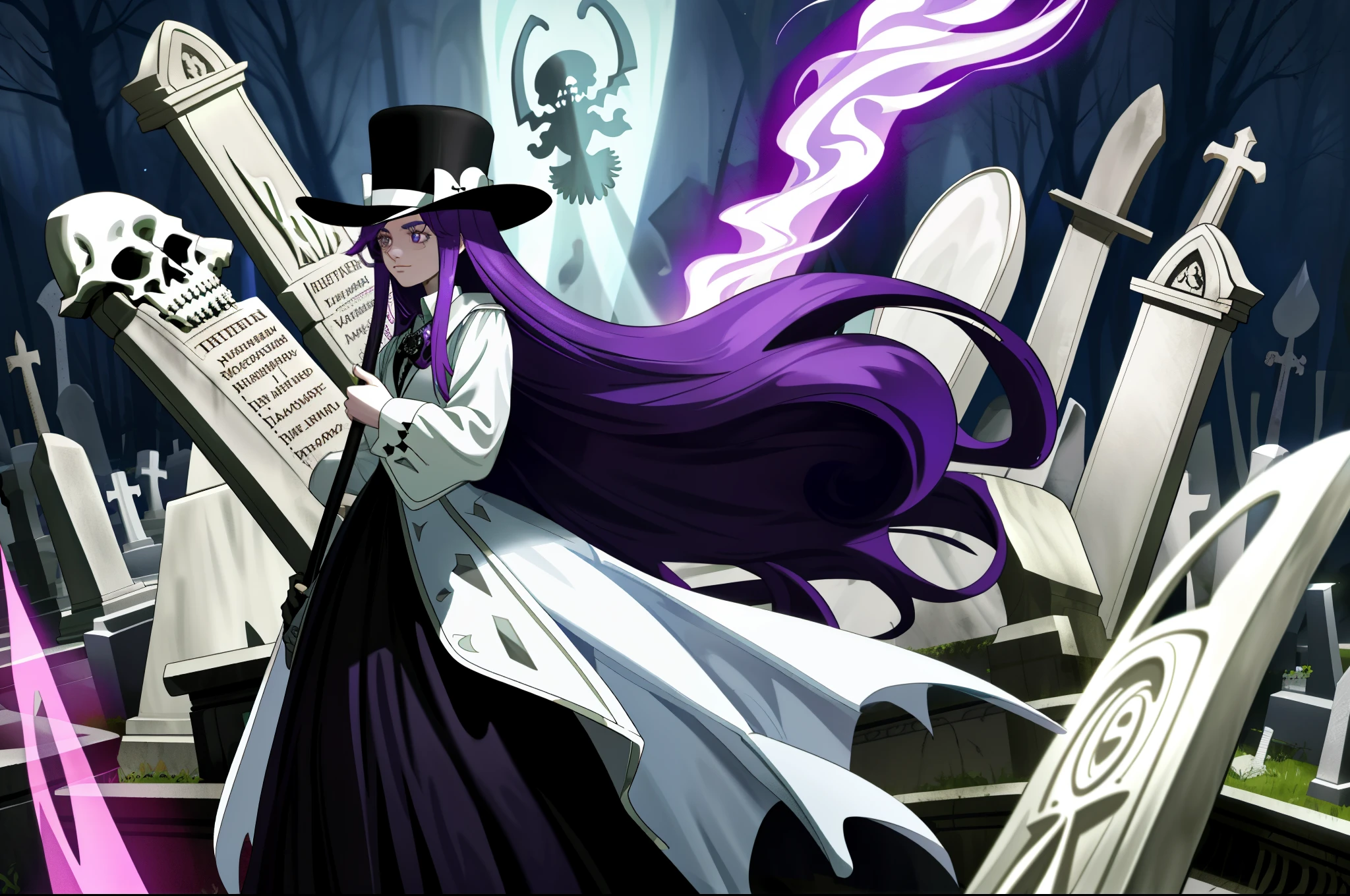 one person,Gorgeous long purple hair,Wearing a white top hat,age girl,middle aged woman,white universal,Staff on hand,There are scars on the face,The background is a cemetery,Ghost elements,night,There are skeletons in the cemetery,Sit on a tombstone,4K,Tyndall effect,Lighting effects enhanced,girl,poster,epic,