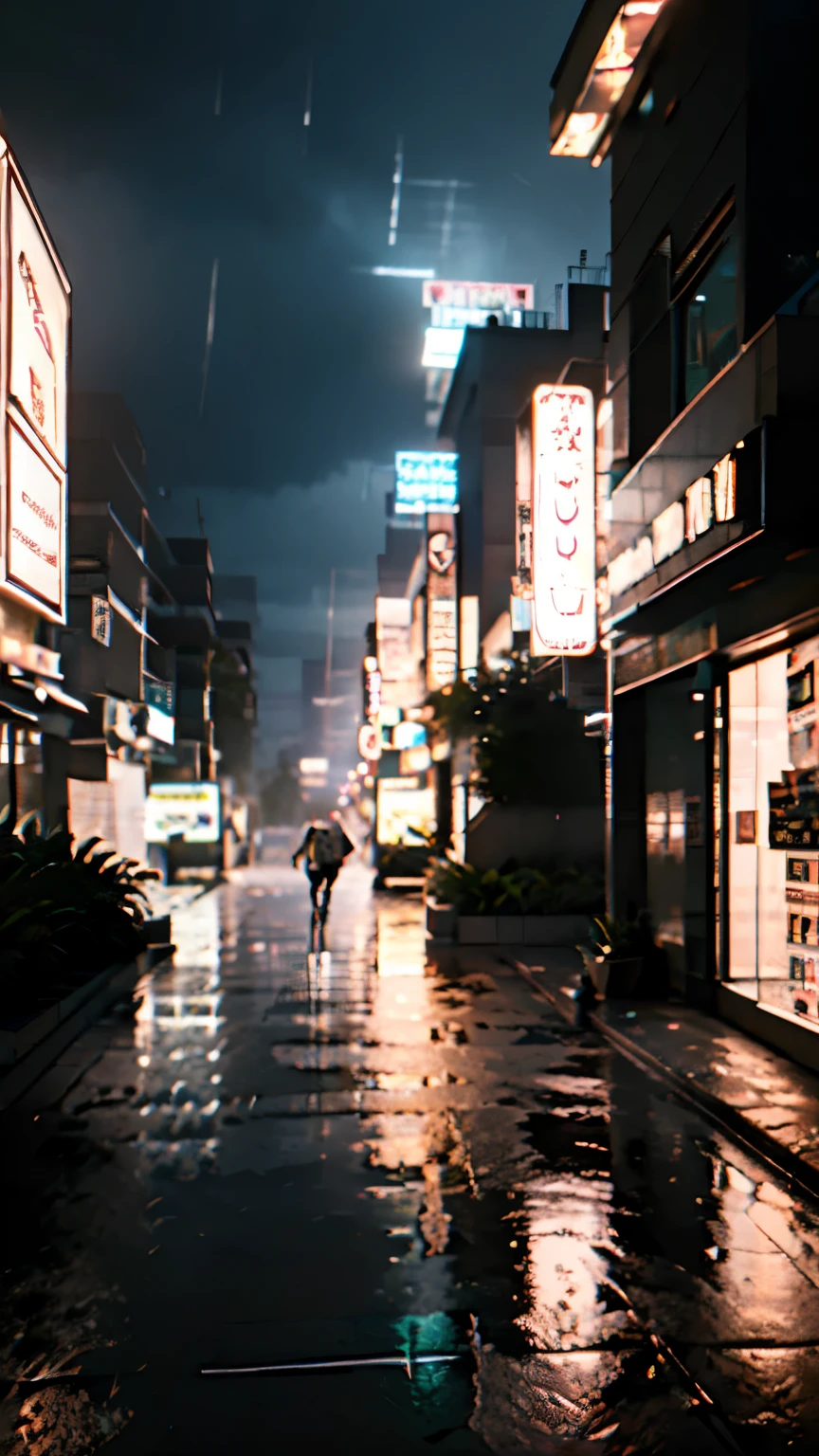 realistic background, anime wallpaper, anime scene, anime scenery, anime style, anime vibe, anime, japan, high details, best quality, masterpiece, tiny details, high detail, many details, sparkle, super detail, narrow japanese urban street, japanese shop signs, japanese signs, japanese banners, banners, plant pots, plants, trees, grass, cobble path, trash cans, nigh time, dark, street lights,, (realistic,photorealistic:1.37), narrow anime street, urban, compact, japanese convience store, glass windows, shop signs, billboards, street lights, street lamps, night time, dark, midnight, (best quality,4k,8k,highres,masterpiece:1.2),ultra-detailed, lofi, lofi vibe, lofi stlye, night time, dark, dramatic weather, raining, heavy rain, puddles, rain drops, modern japanese architecture, no one in sight, (no one: 1), Conceptual art, anime, anime style, sparkle, glowing light, reflection light, cinematic lighting, UHD, masterpiece, super detail, high details, high quality, best quality, highres