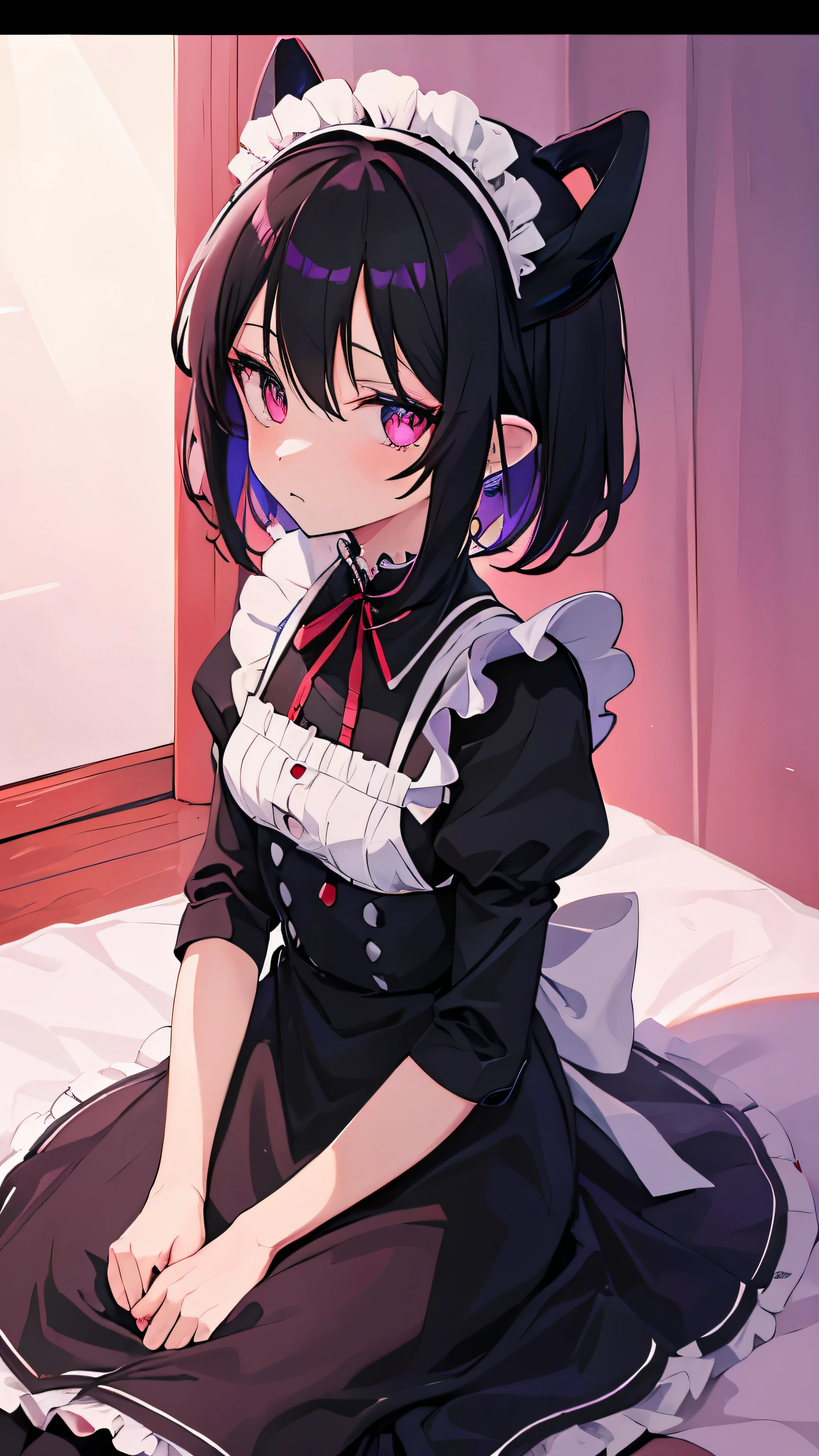 anime girl blackhair redeye goth maid horns