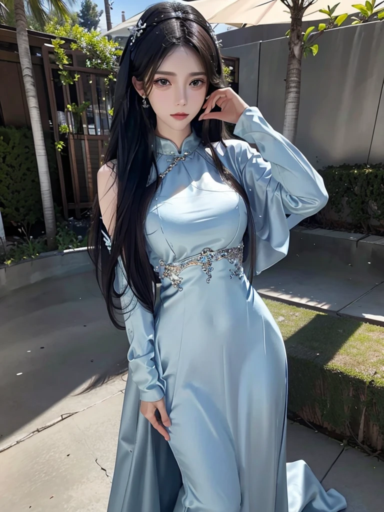 masterpiece, best quality, extremely detailed,cinematic lighting, finely detailed beautiful face and eyes, stoic, arrogant , long smooth shiny silver hair, Realistic lighting, pretty face , Body perfect anatomy,Top Quality, Top resolution, realistic , Cinematic, Aesthetic, beautiful girl , full body , princess in modest silk ao dai
