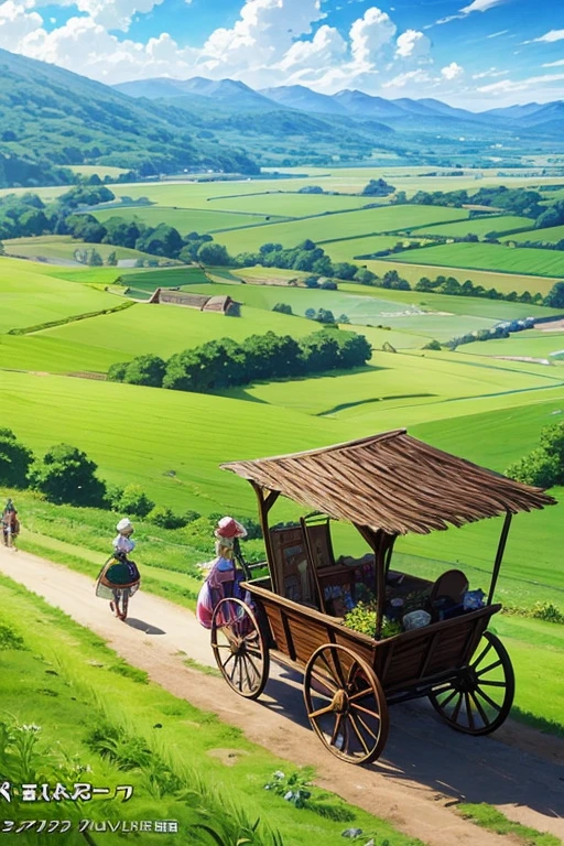 A group of people pushing a cart in the field, anime rural scenery, screenshot of animation, popular Different world anime, Different world, rune factory 5, art style of rune factory 5, Today's featured anime stills, anime scenery, Still from TV animation, huge landscape!, distant village background, Anime beautiful peaceful scene, anime scene