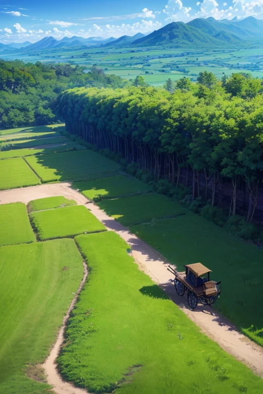 (best quality,4k,8k,highres,masterpiece:1.2),ultra-detailed,(realistic,photorealistic,photo-realistic:1.37), rural landscape, group of people pushing a cart through a field, anime countryside scenery, screenshot from an animated movie, popular isekai anime, isekai world, Rune Factory 5 art style, selected anime stills of the day, anime scenery, still from a TV anime, enormous landscape!, distant village background, peaceful anime scene, anime scene