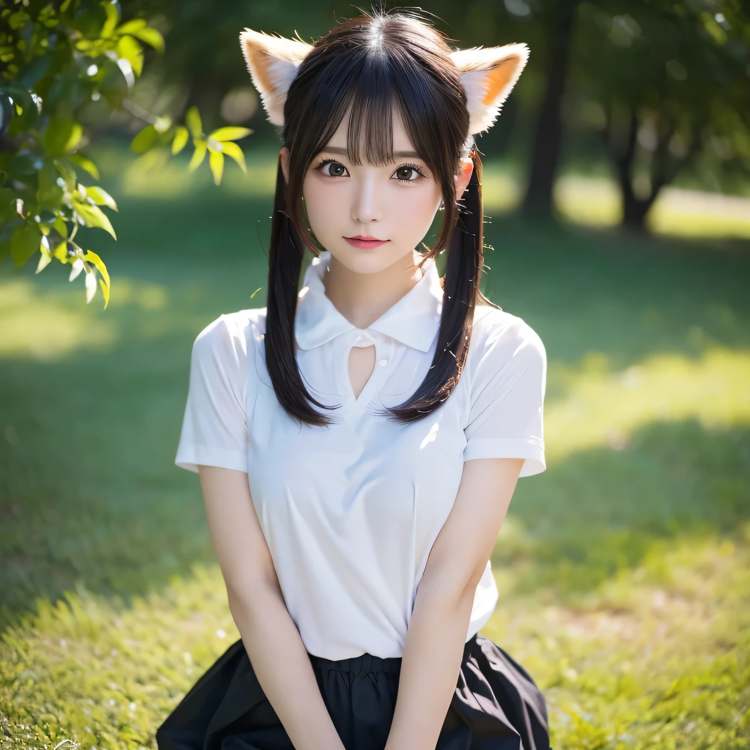 Girl with a furry Tail , Fox girl, Fox Tail, Tail, collared shirt, top quality, Bushy Tail,on the table, best quality, illustration, Ultra-deTailed, finedeTail, high resolution, 8k wallpaper, Perfect dynamic composition, Beautiful deTailed eyes,whole body摄影,original photography、(((ultimate beauty portrait)))、((sparkling skin)),((masterpiece、top quality、ultra-deTailliert、movie light、intricate-deTail、high resolution、ighly deTailed))、background for this、8 kood、digital SLR、soft light、high quality、film grain、富士XT3、Above the legs、Front view,whole body,permanent