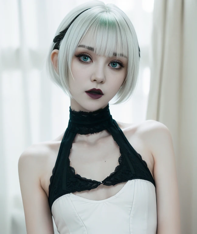 Yorha No. 2 Type B, 1girl in, wlop, (Blindfold), breasts, cleavage, cleavage cutout, Clothes Cutout, Green background, hair between eye, shairband, hight resolution, juliet sleeves, Long sleeves, Nier (Series), Nier Automata,  Puffy sleeves, Red lips, Shaded face, Short hair, Solo, turtle neck, Upper body, White hair, skyporn