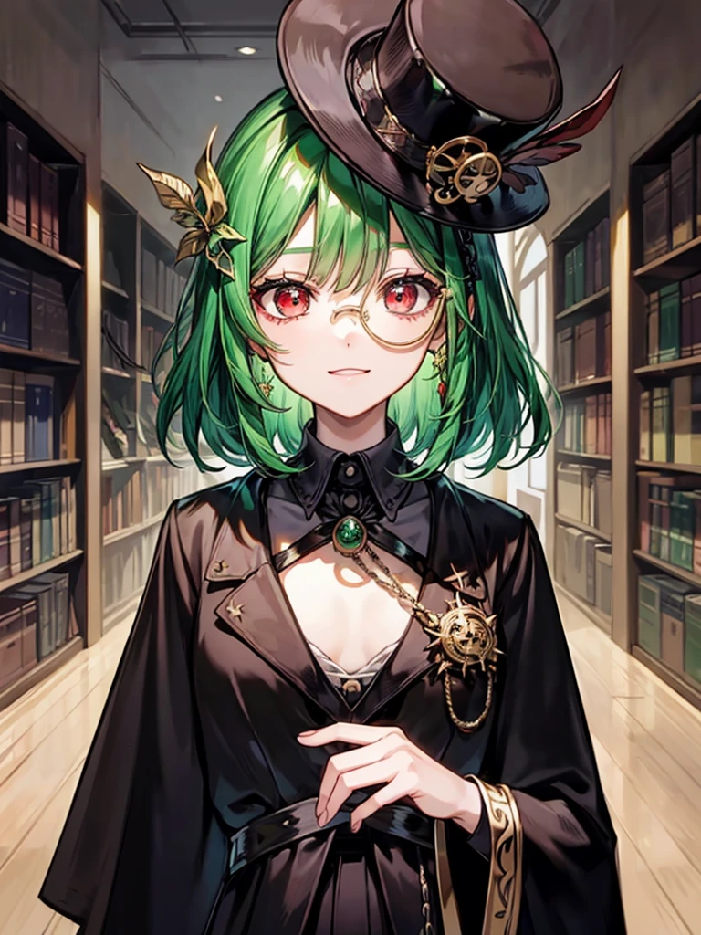 （（（masterpiece、Highest image quality、highest quality、highly detailed unity 8ｋwallpaper）））、（（Illustration of one girl、upper body））、（（（beautiful girl）））、（librarian）、（Emerald green hair、messy hair、sidelocks：1.2、red eyes、crazy smile）、（（（flat chest）））、（（（monocle）））、pocket watch、（（（Black top hat、Black tuxedo）））、great medieval library、Large amount of books