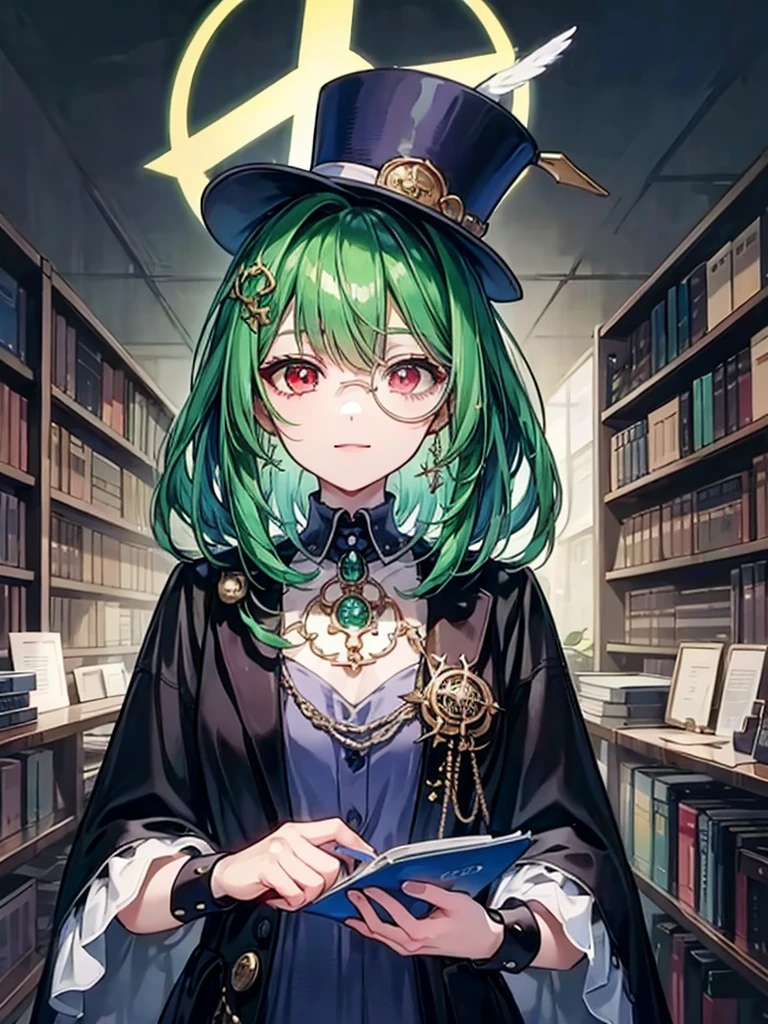 （（（masterpiece、Highest image quality、highest quality、highly detailed unity 8ｋwallpaper）））、（（Illustration of one girl、upper body））、（（（beautiful girl）））、（librarian）、（Emerald green hair、messy hair、sidelocks：1.2、red eyes、crazy smile）、（（（flat chest）））、（（（monocle）））、pocket watch、（（（Black top hat、Black tuxedo）））、great medieval library、Large amount of books