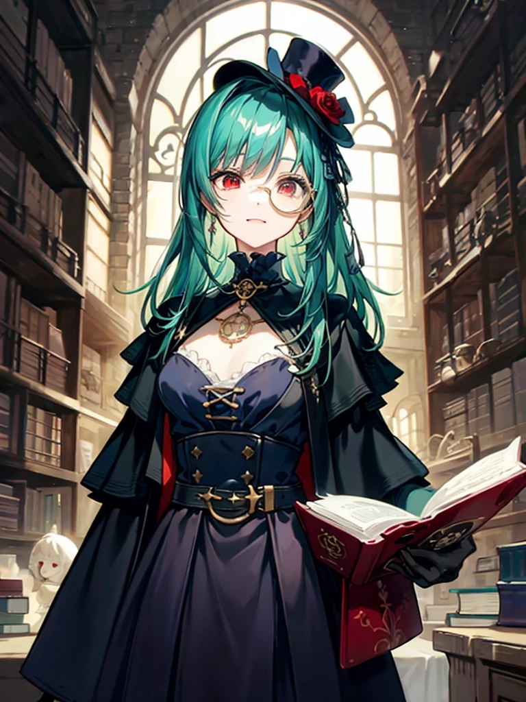 (((masterpiece、Highest image quality、highest quality、highly detailed unity 8kwallpaper)))、((Illustration of one girl、upper body))、(((beautiful girl)))、(librarian)、(Emerald green hair、messy hair、sidelocks:1.2、red eyes、crazy smile)、(((flat chest)))、(((monocle)))、pocket watch、(((Black top hat、Black tuxedo)))、great medieval library、Large amount of books