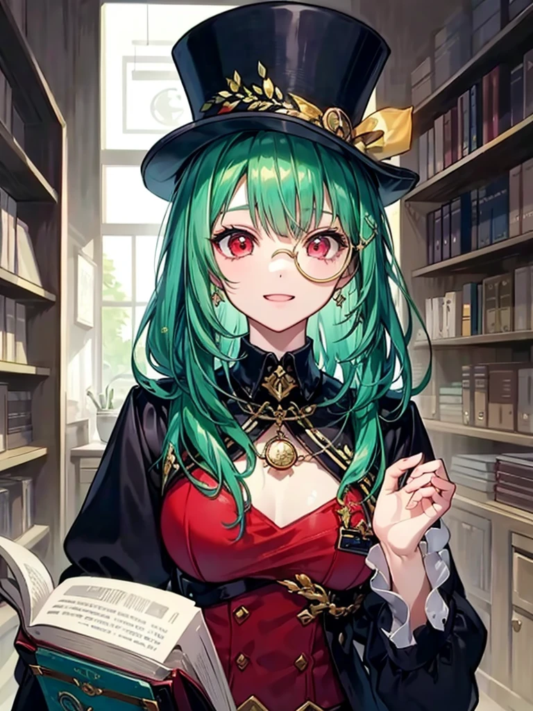 (((masterpiece、Highest image quality、highest quality、highly detailed unity 8kwallpaper)))、((Illustration of one girl、upper body))、(((beautiful girl)))、(librarian)、(Emerald green hair、messy hair、sidelocks:1.2、red eyes、crazy smile)、(((flat chest)))、(((monocle)))、pocket watch、(((Black top hat、Black tuxedo)))、great medieval library、Large amount of books