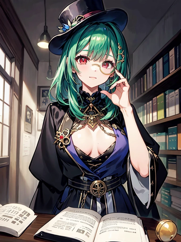 (((masterpiece、Highest image quality、highest quality、highly detailed unity 8kwallpaper)))、((Illustration of one girl、upper body))、(((beautiful girl)))、(librarian)、(Emerald green hair、messy hair、sidelocks:1.2、red eyes、crazy smile)、(((flat chest)))、(((monocle)))、pocket watch、(((Black top hat、Black tuxedo)))、great medieval library、Large amount of books