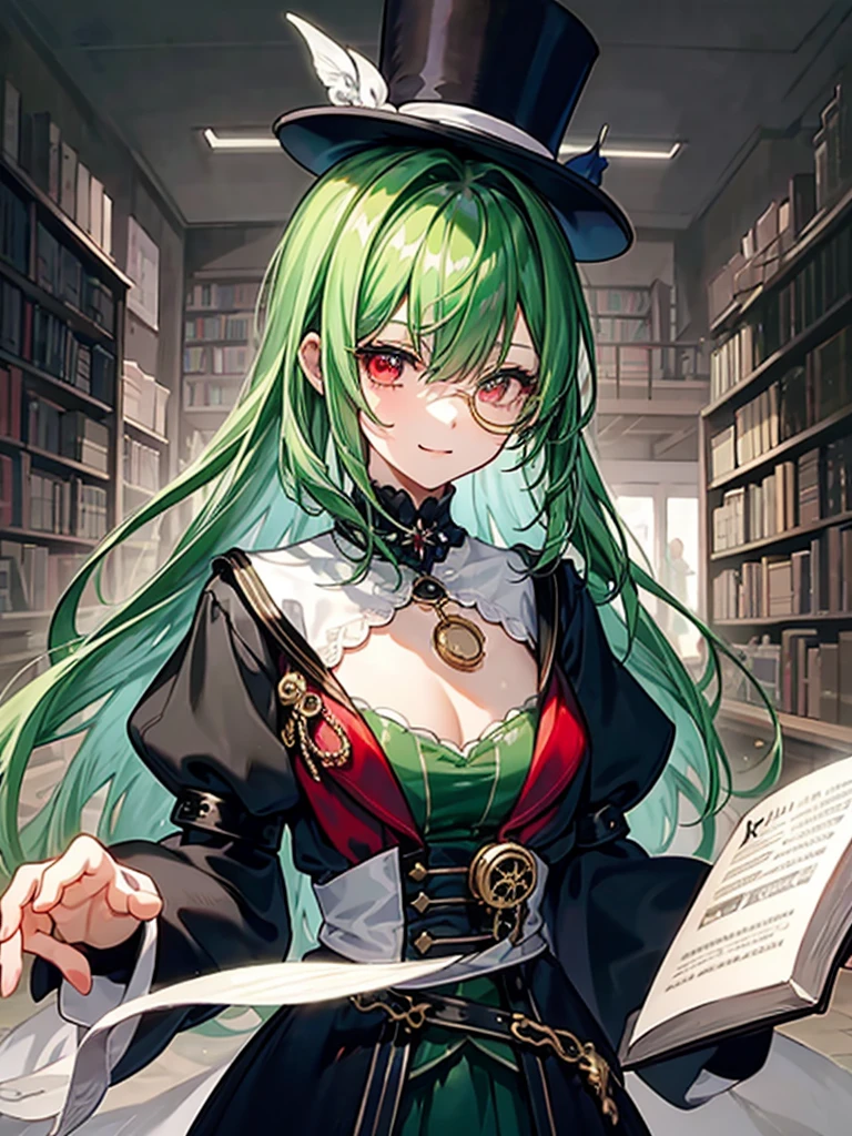 （（（masterpiece、Highest image quality、highest quality、highly detailed unity 8ｋwallpaper）））、（（Illustration of one girl、upper body））、（（（beautiful girl）））、（librarian）、（Emerald green hair、messy hair、sidelocks：1.2、red eyes、crazy smile）、（（（flat chest）））、（（（monocle）））、pocket watch、（（（Black top hat、Black tuxedo）））、great medieval library、Large amount of books