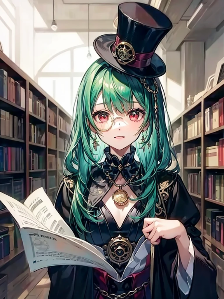 （（（masterpiece、Highest image quality、highest quality、highly detailed unity 8ｋwallpaper）））、（（Illustration of one girl、upper body））、（（（beautiful girl）））、（librarian）、（Emerald green hair、messy hair、sidelocks：1.2、red eyes、crazy smile）、（（（flat chest）））、（（（monocle）））、pocket watch、（（（Black top hat、Black tuxedo）））、great medieval library、Large amount of books