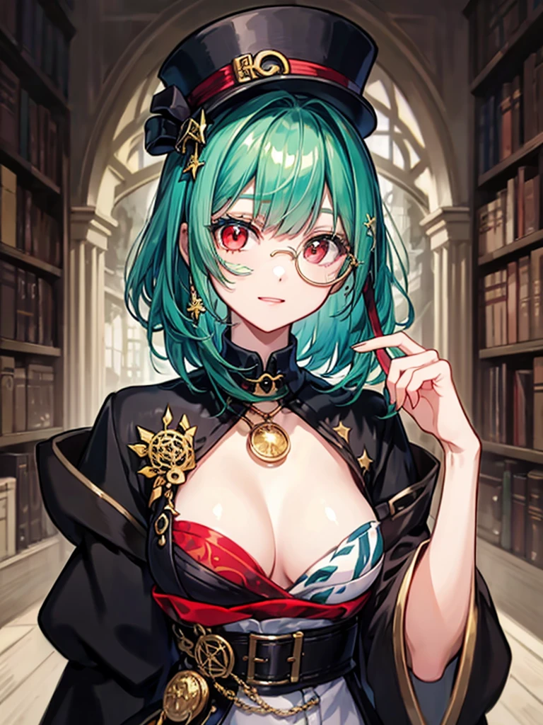 (((masterpiece、Highest image quality、highest quality、highly detailed unity 8kwallpaper)))、((Illustration of one girl、upper body))、(((beautiful girl)))、(librarian)、(Emerald green hair、messy hair、sidelocks:1.2、red eyes、crazy smile)、(((flat chest)))、(((monocle)))、pocket watch、(((Black top hat、Black tuxedo)))、great medieval library、Large amount of books