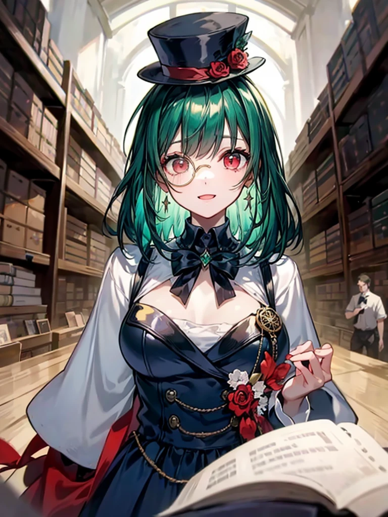 (((masterpiece、Highest image quality、highest quality、highly detailed unity 8kwallpaper)))、((Illustration of one girl、upper body))、(((beautiful girl)))、(librarian)、(Emerald green hair、messy hair、sidelocks:1.2、red eyes、crazy smile)、(((flat chest)))、(((monocle)))、pocket watch、(((Black top hat、Black tuxedo)))、great medieval library、Large amount of books