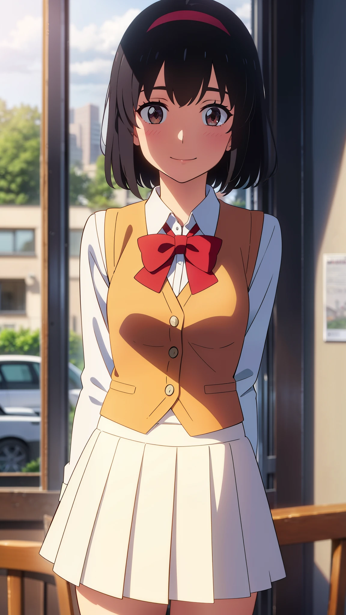 shinkai makoto, kimi no na wa., 1girl, bangs, black hair, blush, bright eyes, brown eyes, red headband, red bow, red ribbon, short hair, smile, cute, beautiful, shiny skin, looking at viewer, solo, White dress shirts, plaid vest, orange vest, skirt, plaid skirt, upper-body, close-up, outdoors, sky, cloudy, streets, cafe