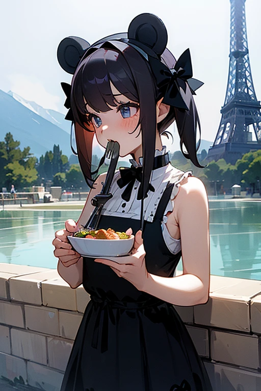 A girl in a Gothic ta tank top with bear ears who eats the Eiffel Tower with a fork.、Soak in a snowy mountain hot spring