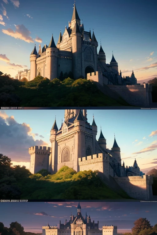 Animation scene of a group of people sitting on the grass in a castle, castle scene comics, Screenshots from animated movies, Screenshot of black clover, ( castle in background ), Screenshots from the 2012 animation, anime scene, Animation movie screenshots, Ruins Explorer at Dusk, opening scene, In animation, Castle setting