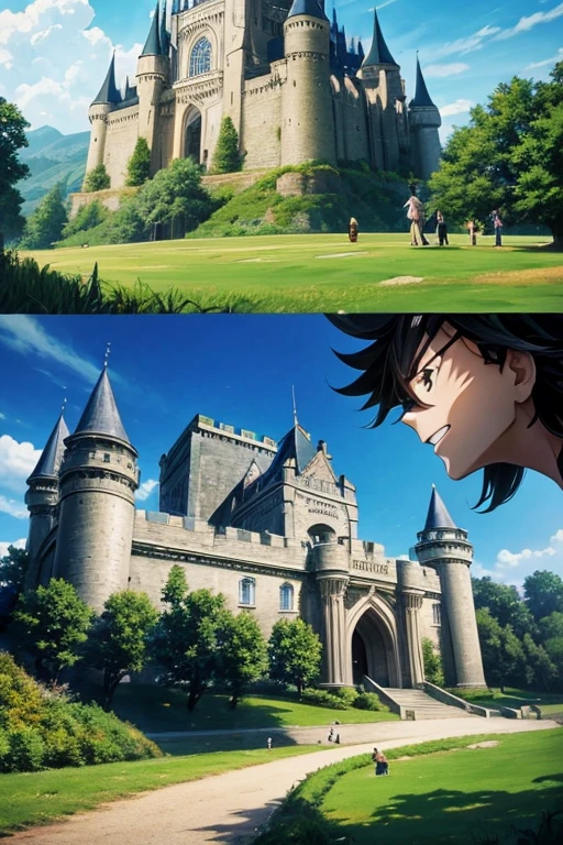 Animation scene of a group of people sitting on the grass in a castle, castle scene comics, Screenshots from animated movies, Screenshot of black clover, ( castle in background ), Screenshots from the 2012 animation, anime scene, Animation movie screenshots, Ruins Explorer at Dusk, opening scene, In animation, Castle setting