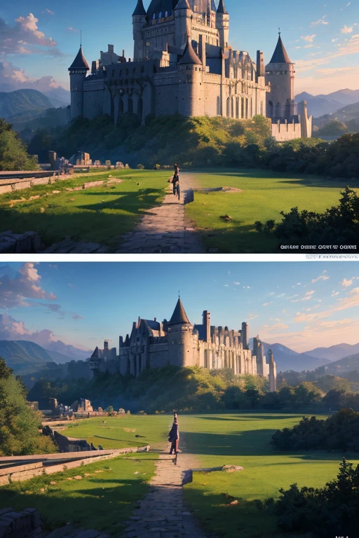 (best quality,4k,8k,highres,masterpiece:1.2),ultra-detailed,(realistic,photorealistic,photo-realistic:1.37),castle scene with a group of people sitting on the grass,anime scenery of a castle, screenshot from an animated movie, screenshot from "Black Clover", (castle in the background), screenshot from a 2012 anime, anime scenery, screenshot from an anime movie, adventurer exploring a ruins at dusk, opening scene in an animated movie, in an animated movie, castle setting