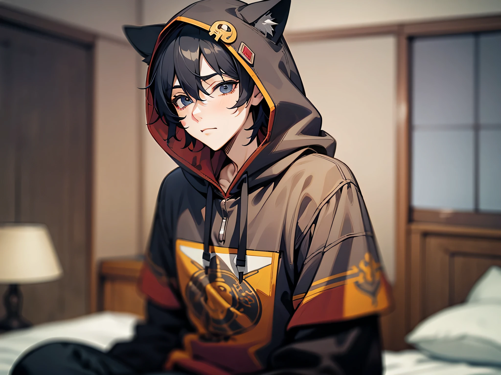 男性,male focus,((((man))),25 age,solo,black hair 1.5,cat ear hoodie,hoodie,Sitting on the edge of the bed in the room with an bashful(Indo blackened 1.5)(The background is in the room in the village:1.5),Anime style 4K,Anime rendering,style of anime,8K fineness,(Upper body display:1.5)(Cinematic lighting:1.5)