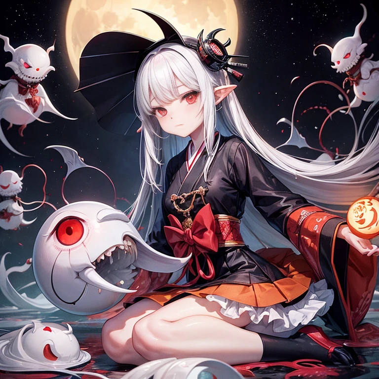 (1 girl:1.2), alone, Hime cut,japanese traditional clothing, red eyes,cartoon style, Joe Fenton, a black and white photo of deadpan, huge moon, unbecoming, gnawling, envy, Ghast (lovecraftian),Calm, soft smile, Wayne Barlowe,, in gochuumon wa usagi desu ka? style, nostalgic、Apparition、computer