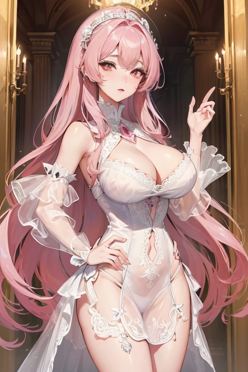 {{{{masterpiece}}}}, {{{super detailed}}}, {{{High resolution}}}, {{excellent anatomy}}, (((highest quality))), ((very delicate and beautiful)), {{very detailed and delicate}}, extremely detailed, solo, One female、best style、beautiful woman、The most beautiful woman in the world、(Sheer sexy dress:1.5),((big breasts))、(((long pink hair)))、Inside the chalk palace, baroque architecture, elegant walkways between towers, in luminist baroque style, royal palace, Baroque symmetry, Italian Renaissance architecture, Endless corridors, Rococo architecture, baroque palace,extremely detailedな瞳, solo, perfect face, pretty face, highly detailed face，Rich facial expressions、(muste piece), (best quality)、red eyes、sexy pose、sexy woman、beautiful and detailed design、nipple