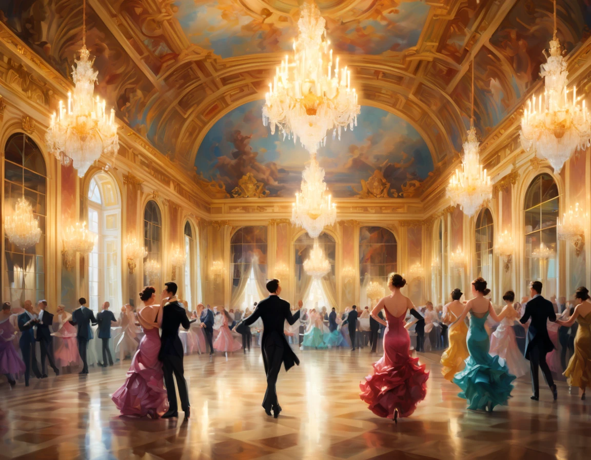 Art Deco, Palace of Versailles, by Steve Henderson, (Dancers), Dinner, guests, delicious food, Banquets, luxury, grandeur, panoramic, Ultra high saturation, bright and vivid colors, (best quality, masterpiece, Representative work, official art, Professional, 8k)