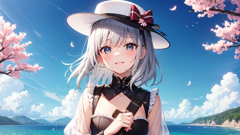 super high quality, with a girl, 20-year-old, very short hair, long bangs between the eyes, gray eyes , blue sky, sunlight, very detailed,(masterpiece、highest quality)、alone、gray hair、laughter、fantasy, silver hair, black eye, beautiful eyes,, ecstasy, charm, be smitten with audience, fantasyな風景、Princess、white clothes、cherry blossoms、hat、seaside